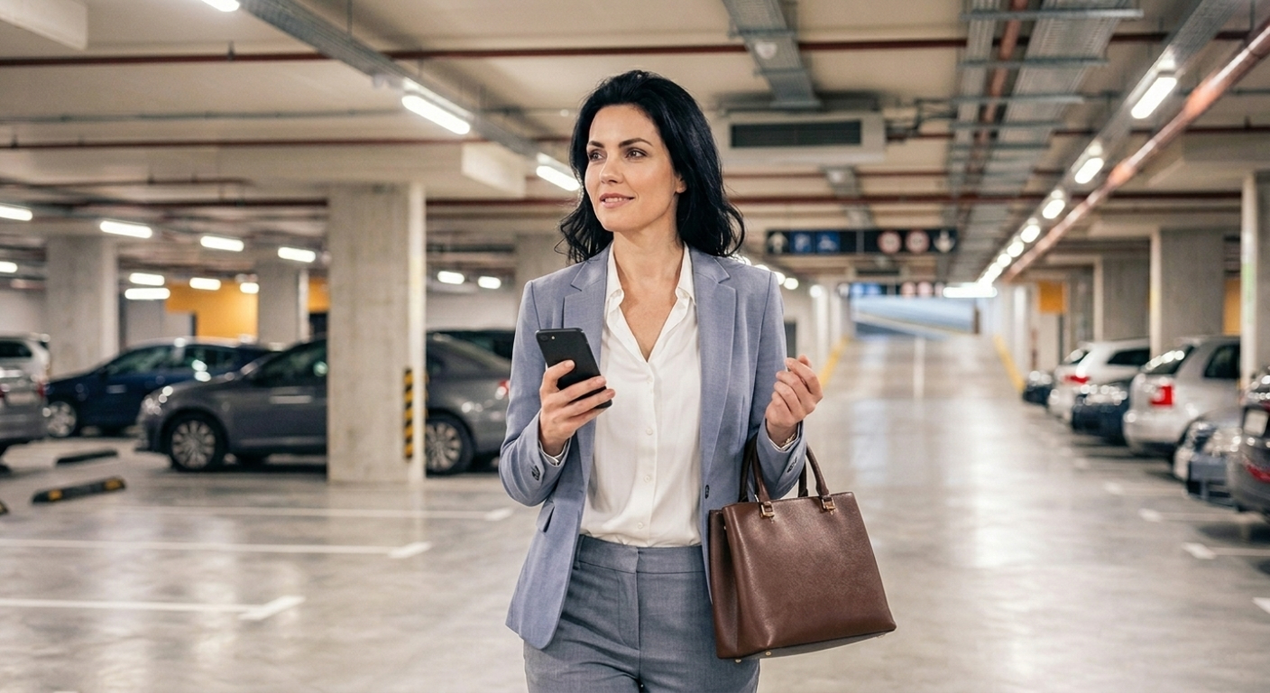 Dueña de estacionamiento usando la app en un parking